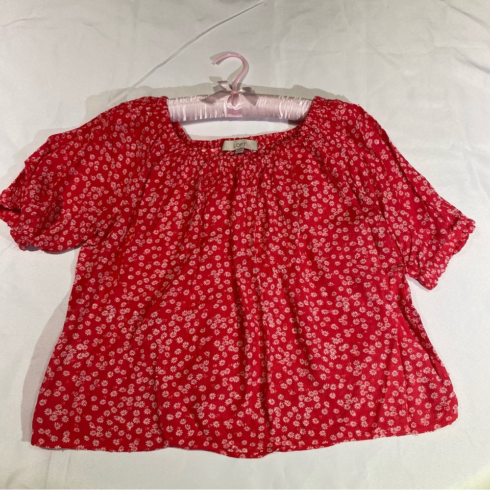 LOFT Scarlet Blouse with Ivory Floral Pattern